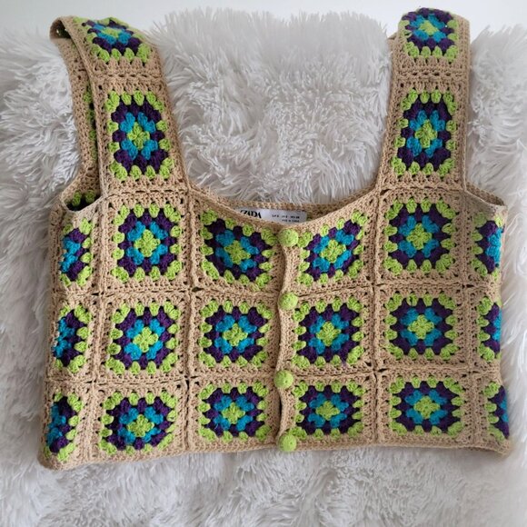 Zara Crochet Granny Square Vest Knit Top Sleeveless Boho Style -S - Picture 7 of 9